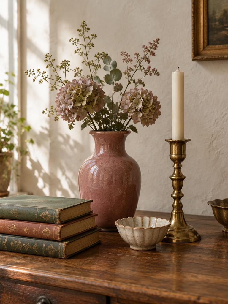 Eclectic ceramics, books and brass homeware