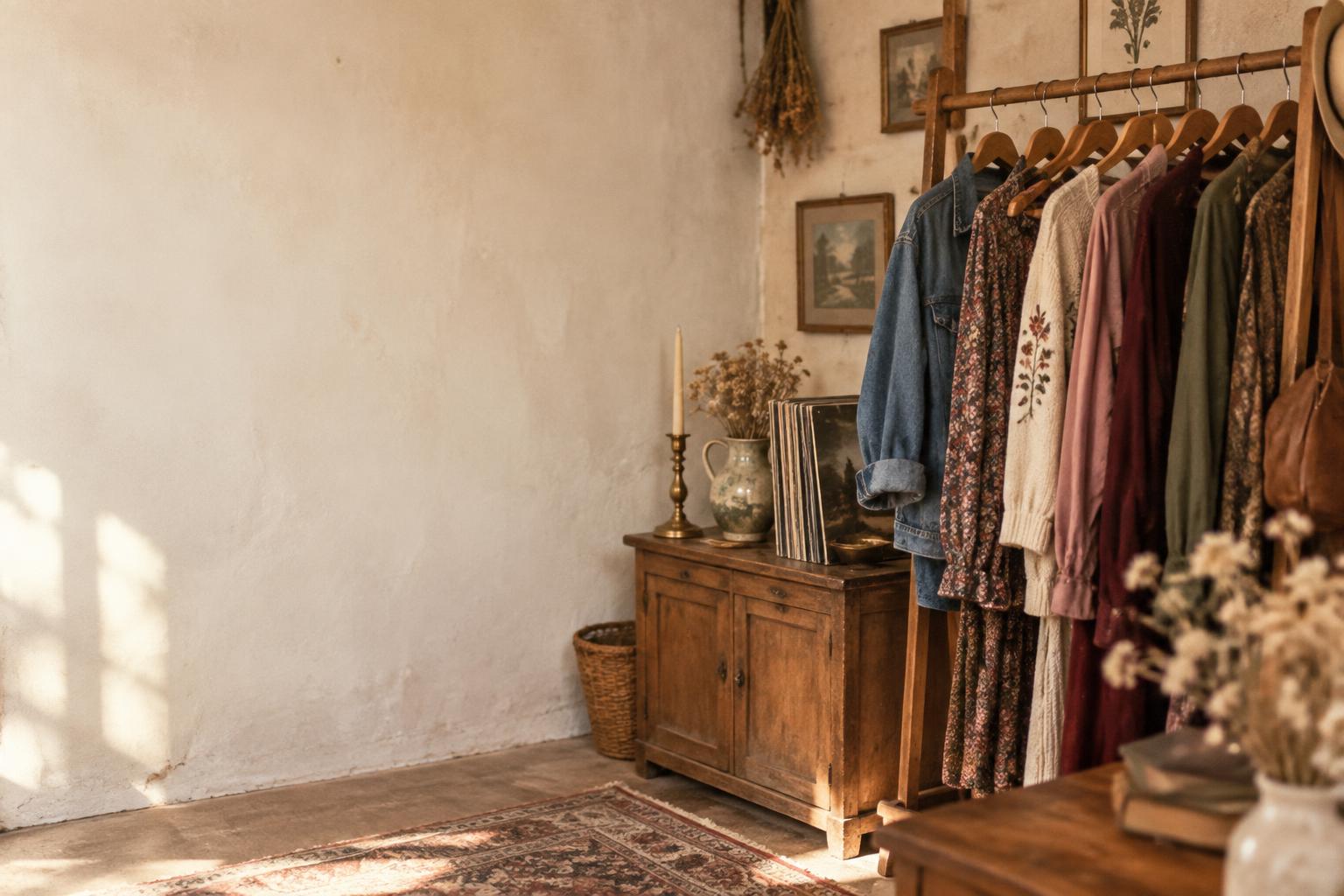 A sunlit corner filled with eclectic vintage clothing and homeware